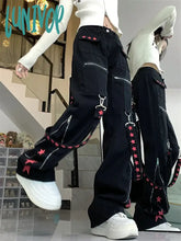 Lunivop Women’s Metal Decoration Splicing Star Print Denim Trousers American Street Style Jeans